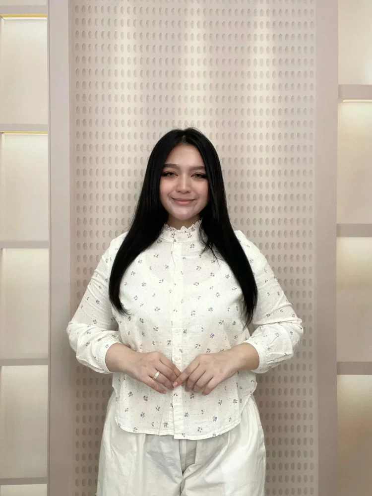 FADFAD Atasan kemeja lengan panjang motif bunga retro untuk wanita