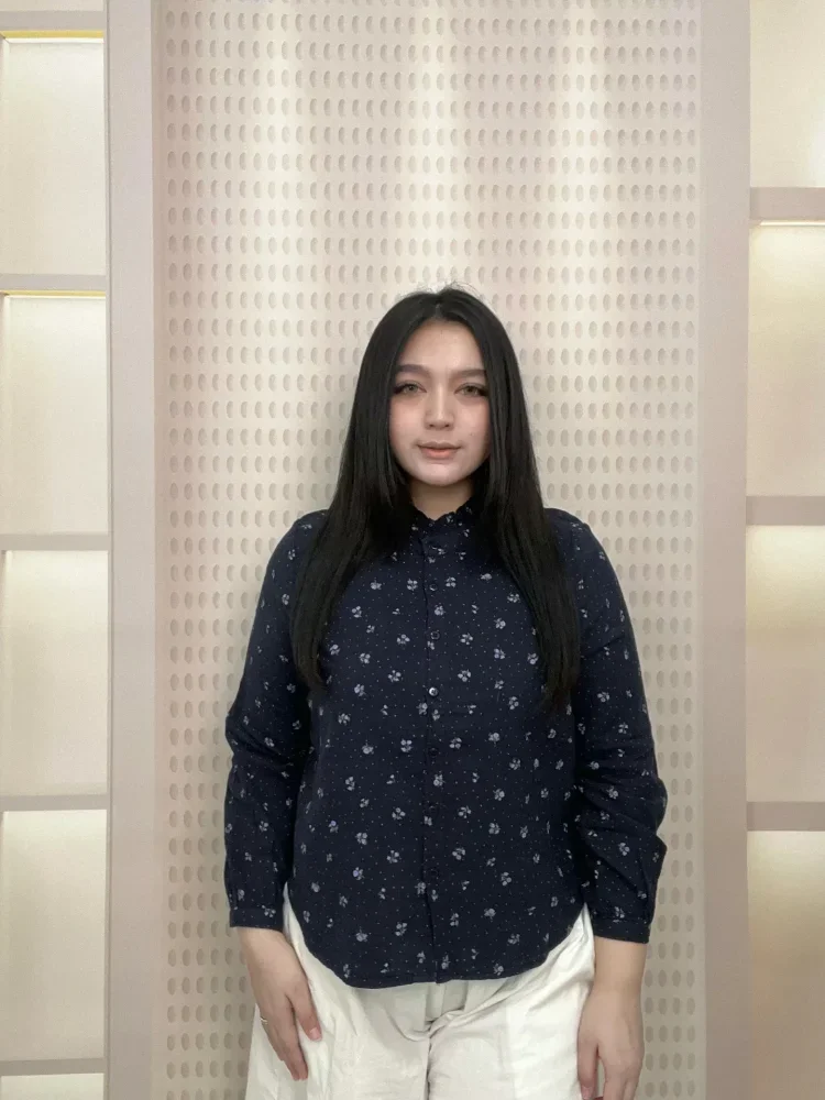 FADFAD Atasan kemeja lengan panjang motif bunga retro untuk wanita