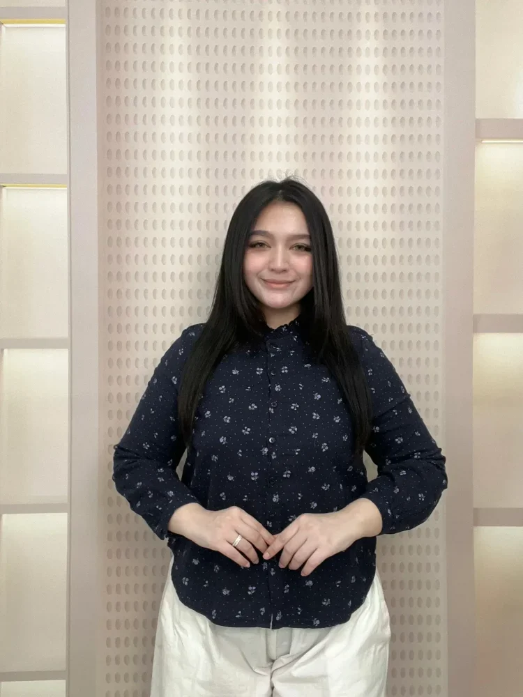 FADFAD Atasan kemeja lengan panjang motif bunga retro untuk wanita