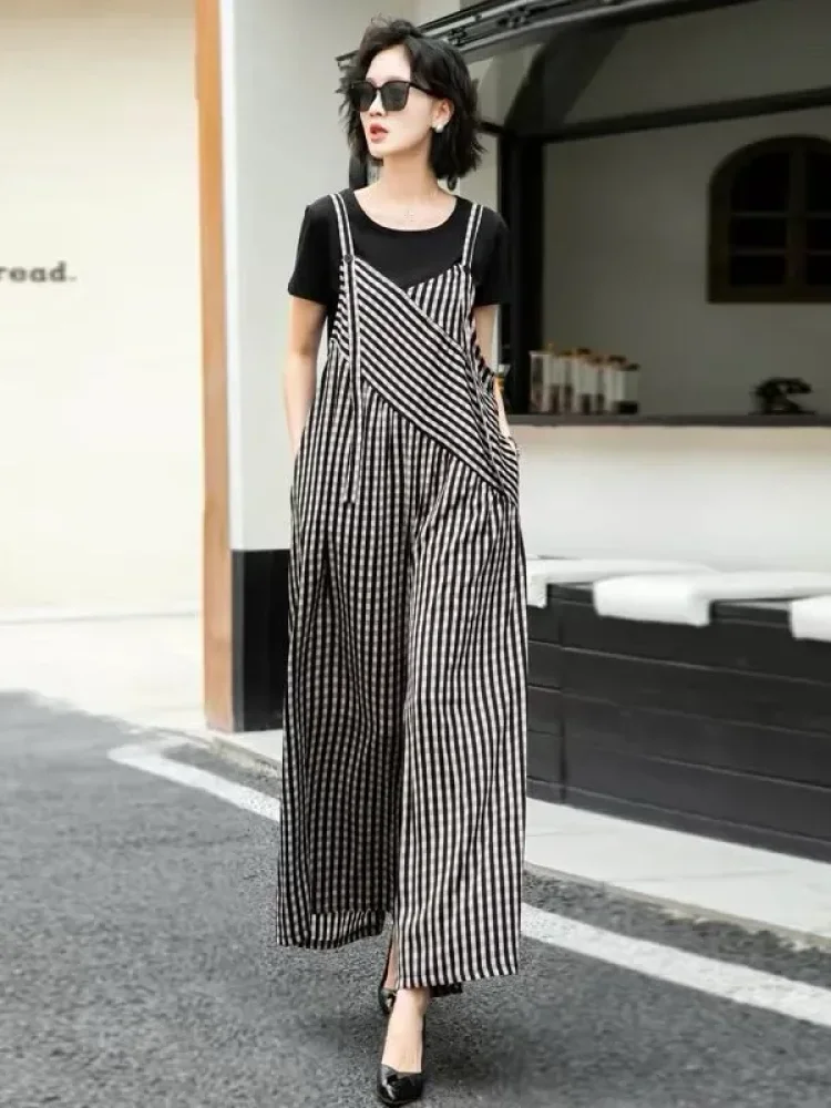ASAYA Jumpsuit wanita motif kotak-kotak tanpa lengan dengan gaya baru