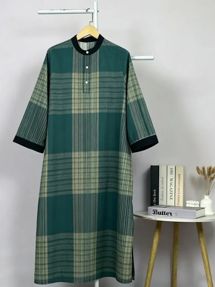 ASAYA Gamis wanita elegan motif garis kotak biru abu modern kekinian