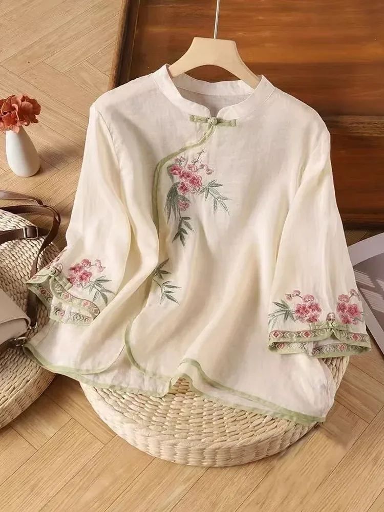FADFAD Atasan katun-linen bordir dengan lengan panjang sedang