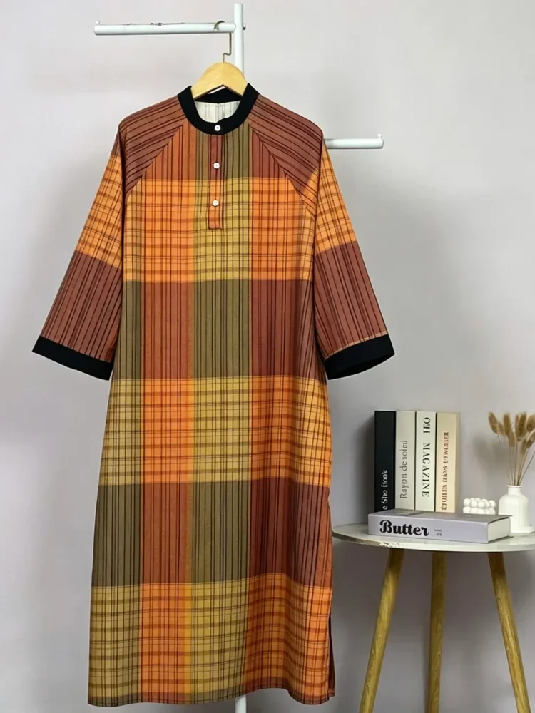 ASAYA Gamis wanita elegan motif garis kotak biru abu modern kekinian