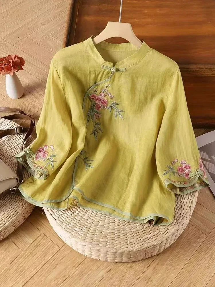 FADFAD Atasan katun-linen bordir dengan lengan panjang sedang