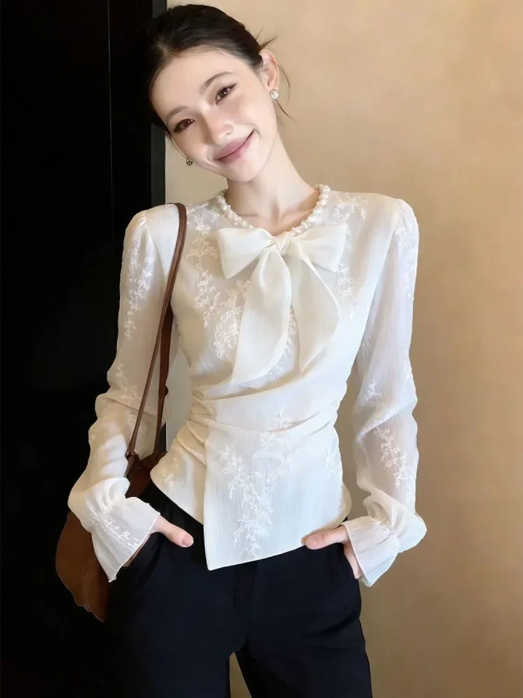 FADFAD Atasan wanita model cheongsam lengan panjang dengan motif cantik feminin