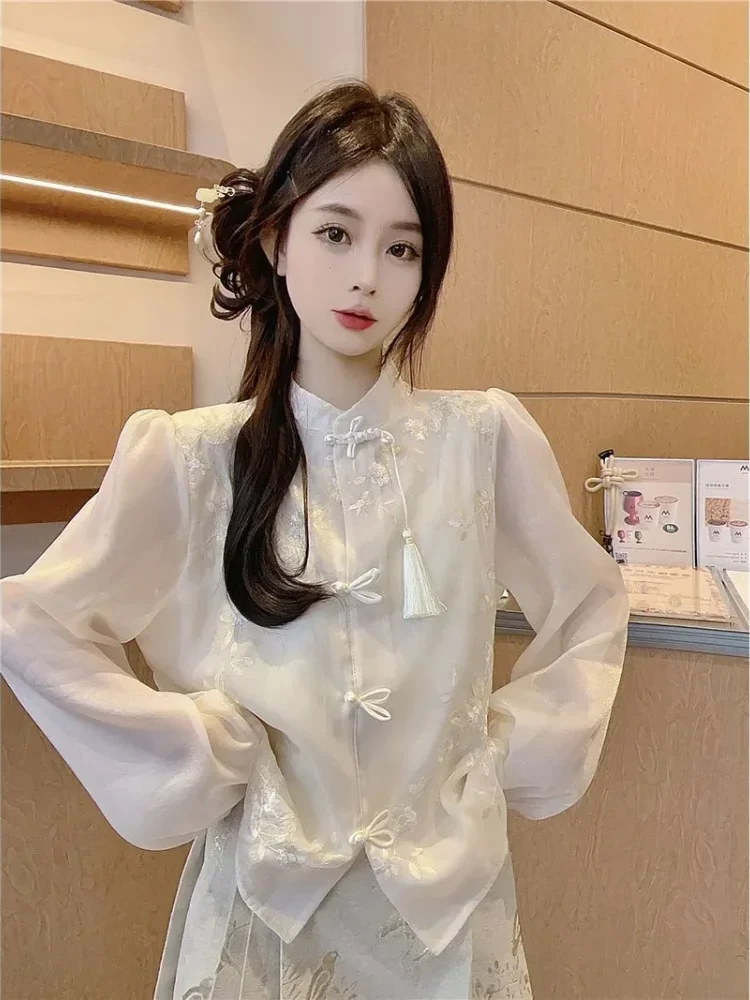 FADFAD Atasan wanita model cheongsam lengan panjang dengan motif cantik feminin