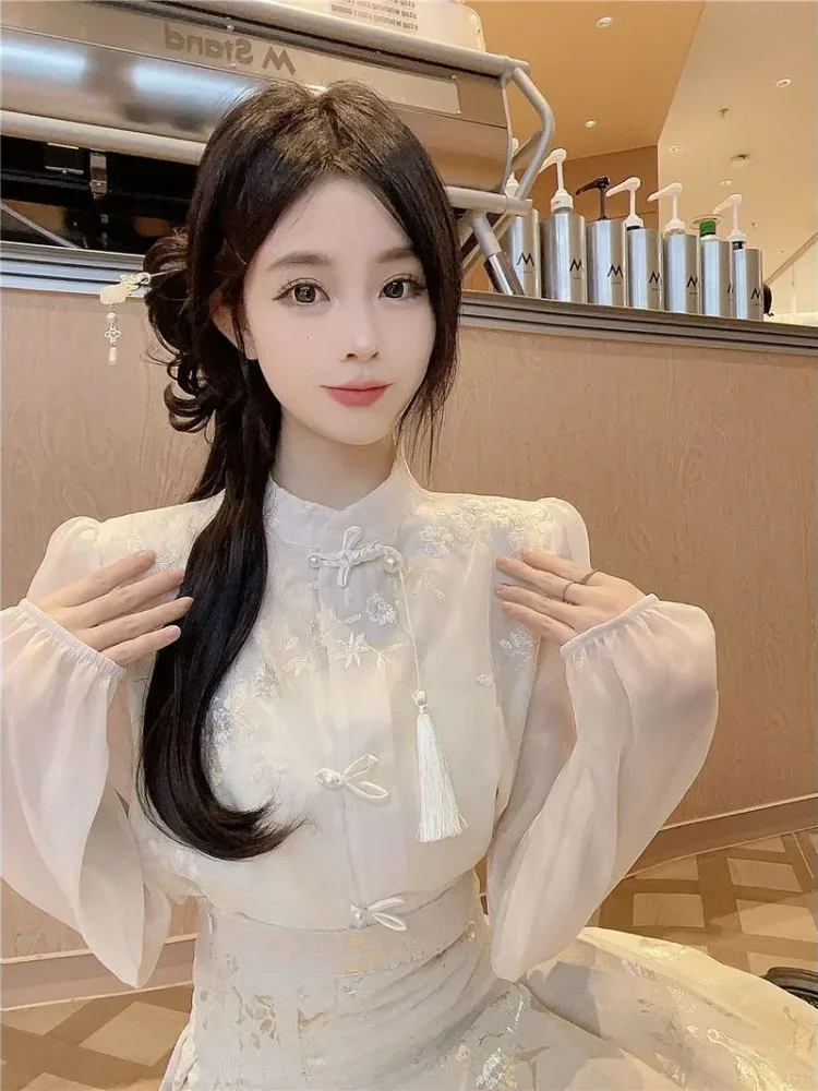FADFAD Atasan wanita model cheongsam lengan panjang dengan motif cantik feminin