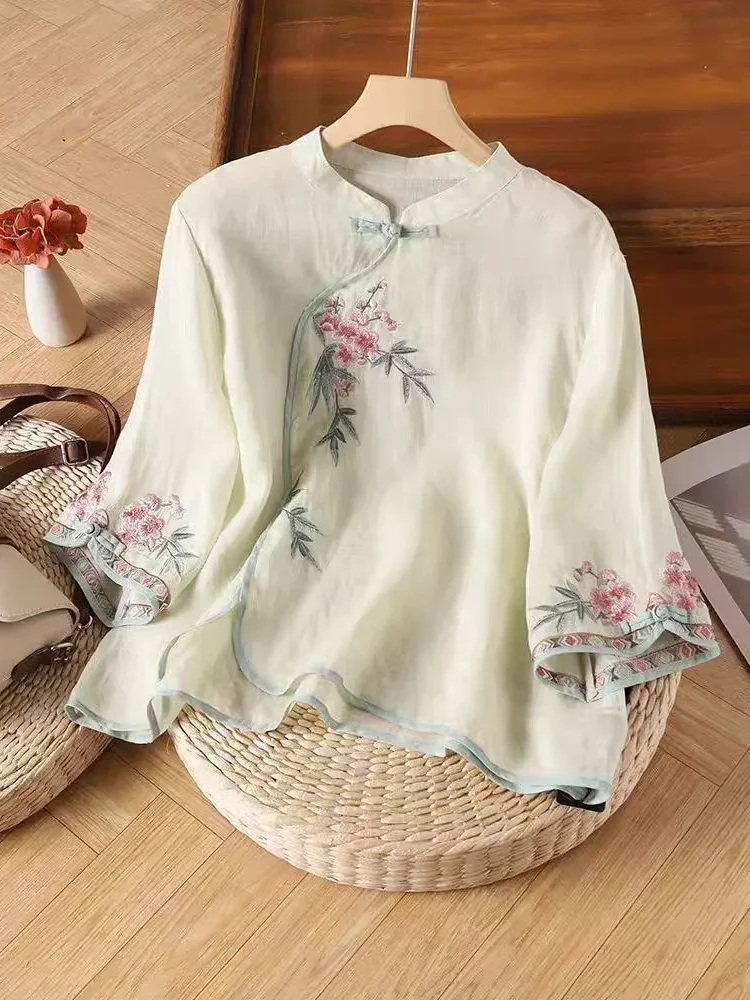 FADFAD Atasan katun-linen bordir dengan lengan panjang sedang