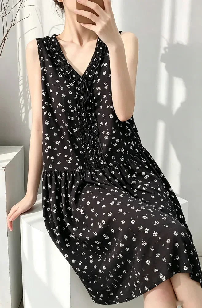 ASAYA Dress wanita loose fit tanpa lengan kerah v-neck motif bunga korean style
