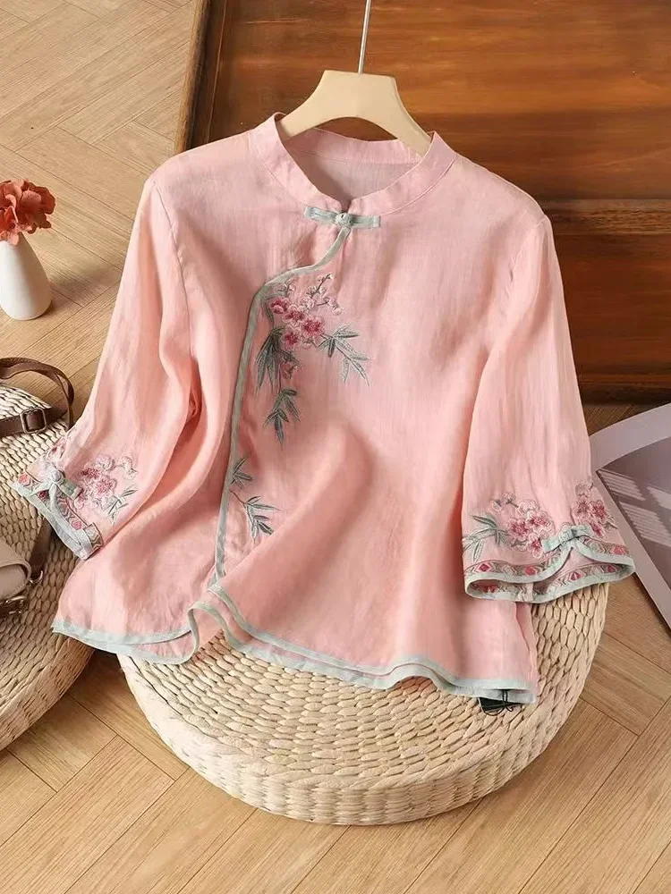 FADFAD Atasan katun-linen bordir dengan lengan panjang sedang