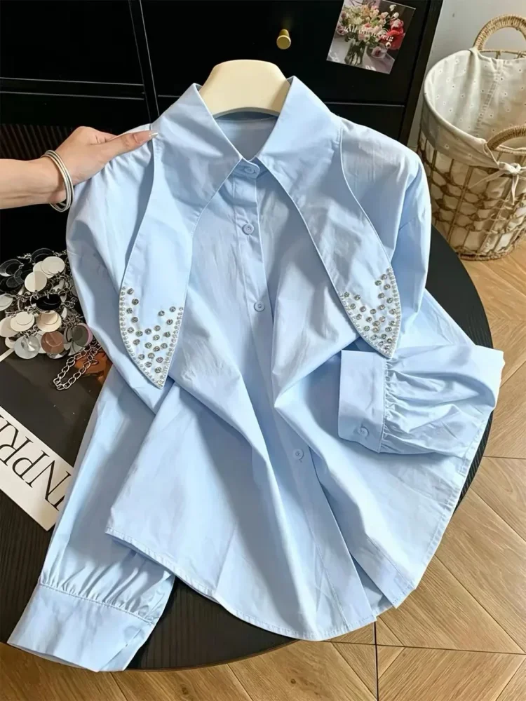 CHICMORE Kemeja warna solid dengan kancing aktif dan lengan panjang gaya baru