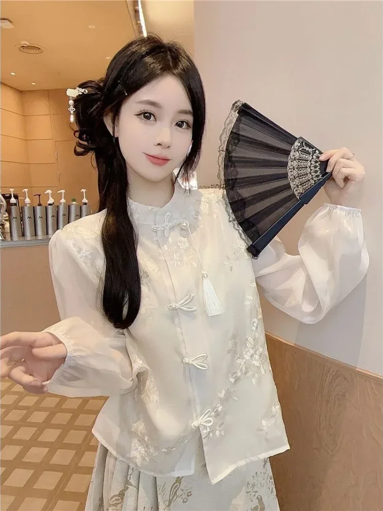 FADFAD Atasan wanita model cheongsam lengan panjang dengan motif cantik feminin