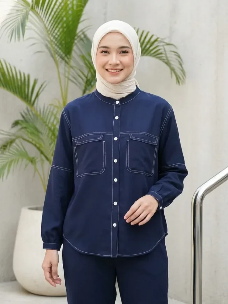 ASAYA Kemeja atasan lengan panjang kasual warna polos dengan kancing tunggal dan desain saku baru