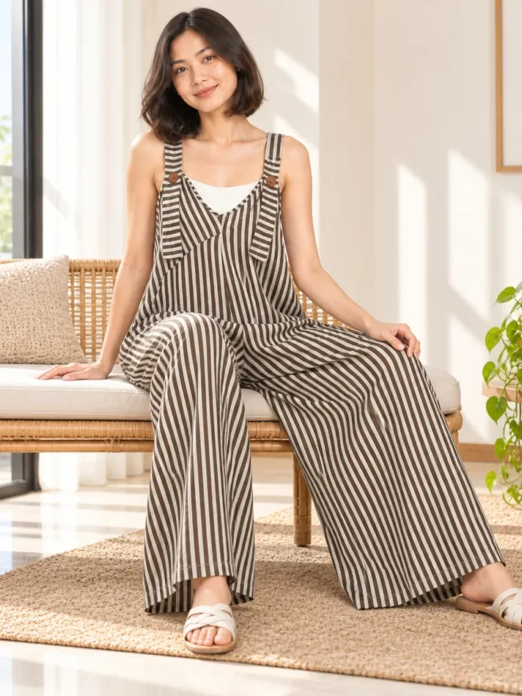 [DISKON KILAT]ASAYA Jumpsuit wanita motif garis vertikal model overall wide leg dengan kantong