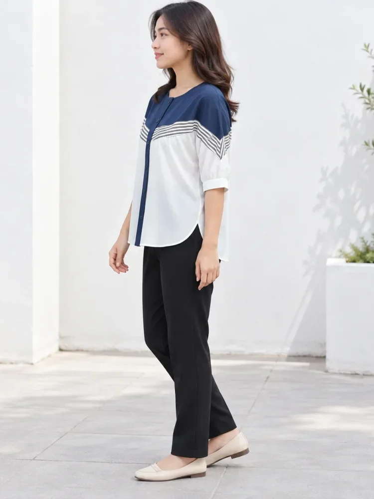 [DISKON KILAT]ASAYA Atasan blouse wanita oversize motif garis navy putih lengan pendek