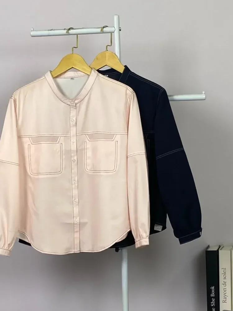 ASAYA Kemeja atasan lengan panjang kasual warna polos dengan kancing tunggal dan desain saku baru