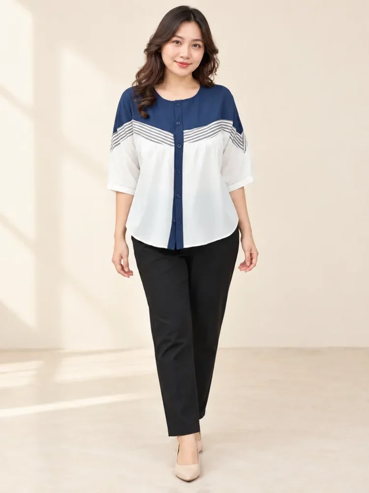 [DISKON KILAT]ASAYA Atasan blouse wanita oversize motif garis navy putih lengan pendek