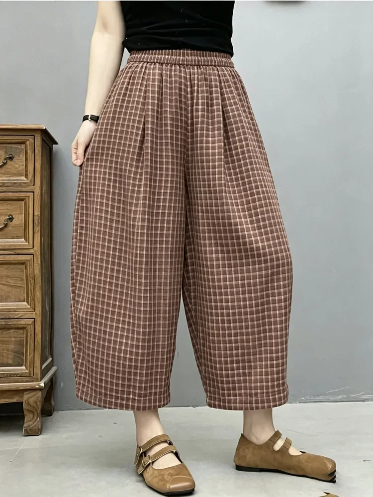 [READY STOCK]ASAYA Celana panjang wanita dengan motif kotak-kotak dan aksen pita manis