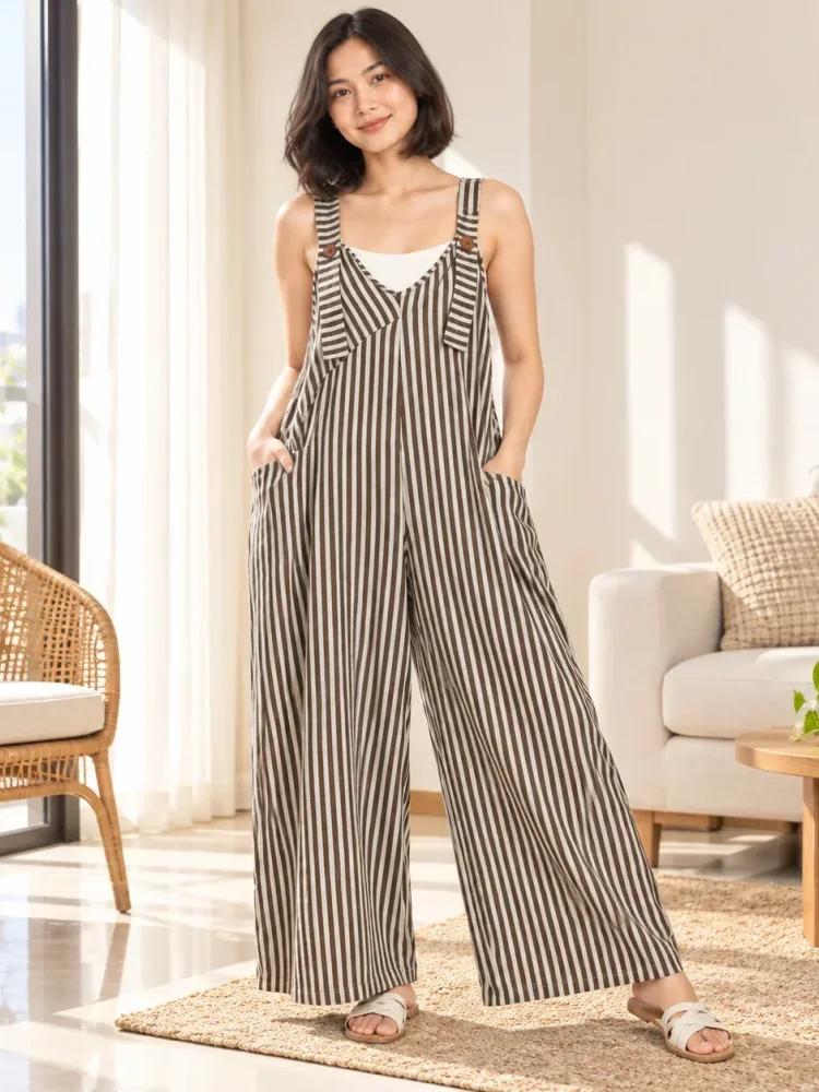 [DISKON KILAT]ASAYA Jumpsuit wanita motif garis vertikal model overall wide leg dengan kantong