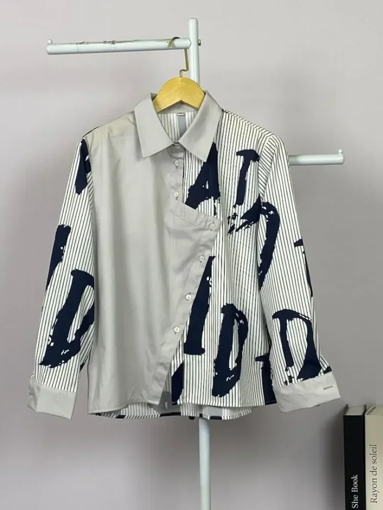 ASAYA Atasan kemeja longgar desain tidak beraturan lengan panjang kerah polo warna kontras untuk wanita gaya modis