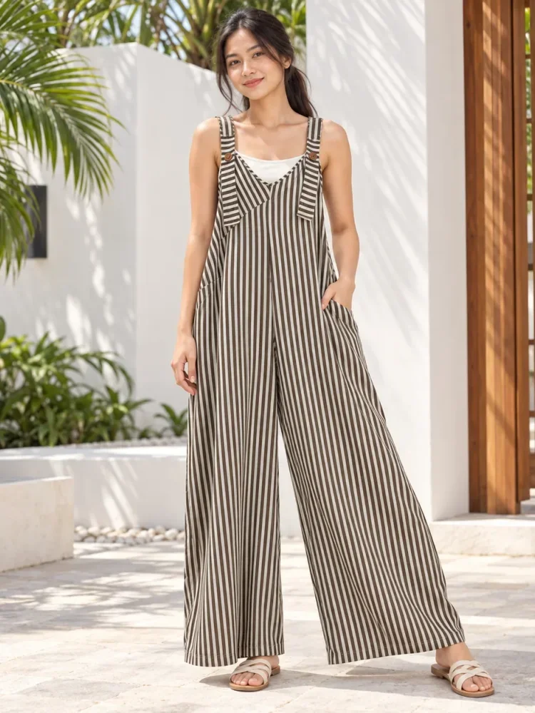 [DISKON KILAT]ASAYA Jumpsuit wanita motif garis vertikal model overall wide leg dengan kantong