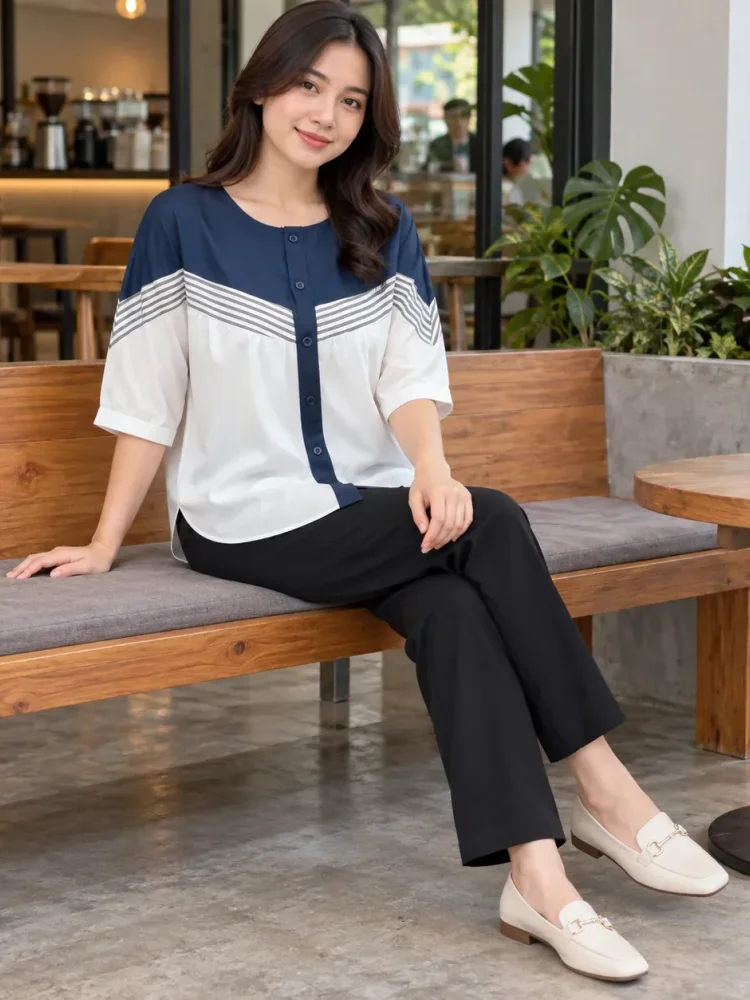 [DISKON KILAT]ASAYA Atasan blouse wanita oversize motif garis navy putih lengan pendek
