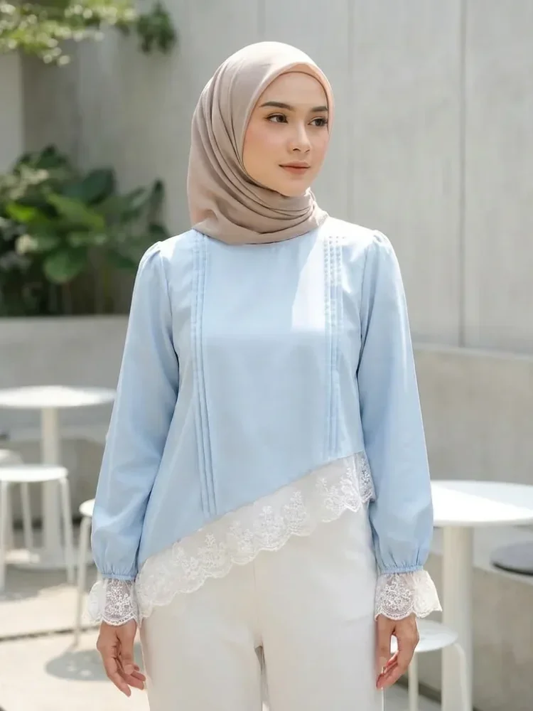 ASAYA Atasan kemeja lengan panjang wanita terbaru, modis, polos dengan bordir renda