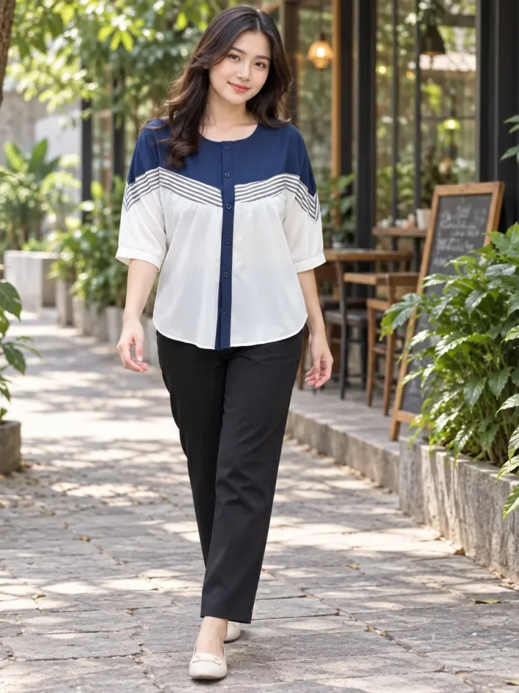 [DISKON KILAT]ASAYA Atasan blouse wanita oversize motif garis navy putih lengan pendek
