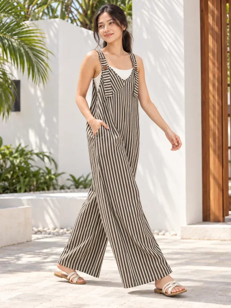 [DISKON KILAT]ASAYA Jumpsuit wanita motif garis vertikal model overall wide leg dengan kantong