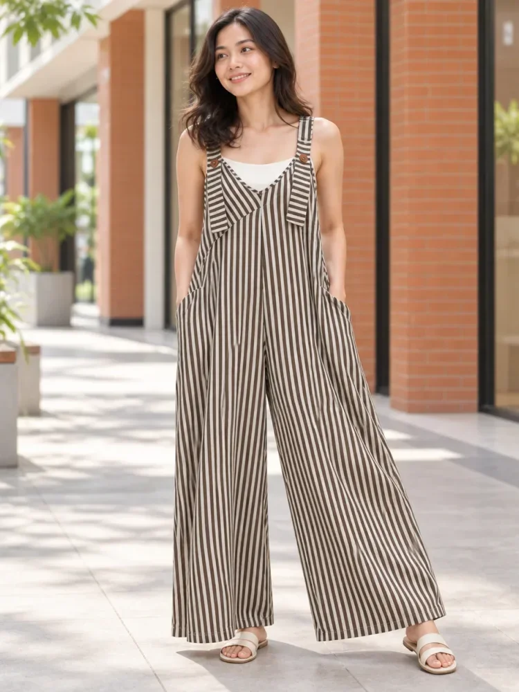 [DISKON KILAT]ASAYA Jumpsuit wanita motif garis vertikal model overall wide leg dengan kantong