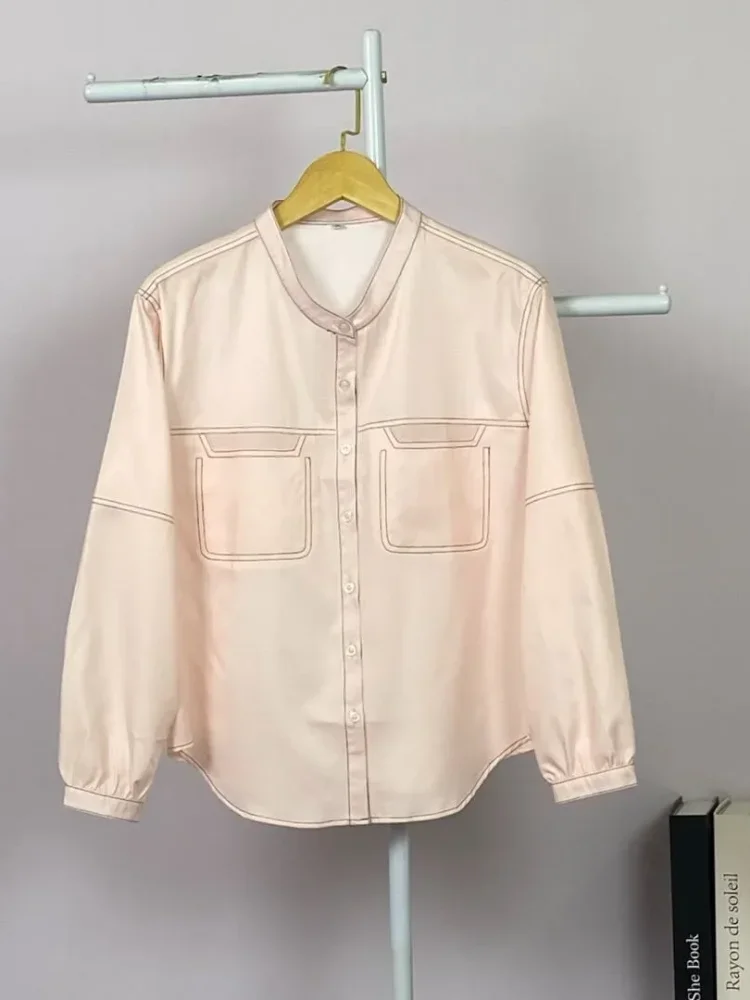 ASAYA Kemeja atasan lengan panjang kasual warna polos dengan kancing tunggal dan desain saku baru