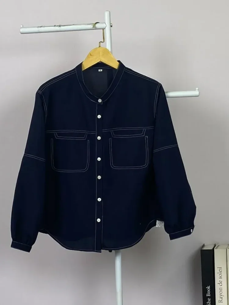 ASAYA Kemeja atasan lengan panjang kasual warna polos dengan kancing tunggal dan desain saku baru
