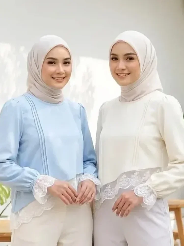 ASAYA Atasan kemeja lengan panjang wanita terbaru, modis, polos dengan bordir renda