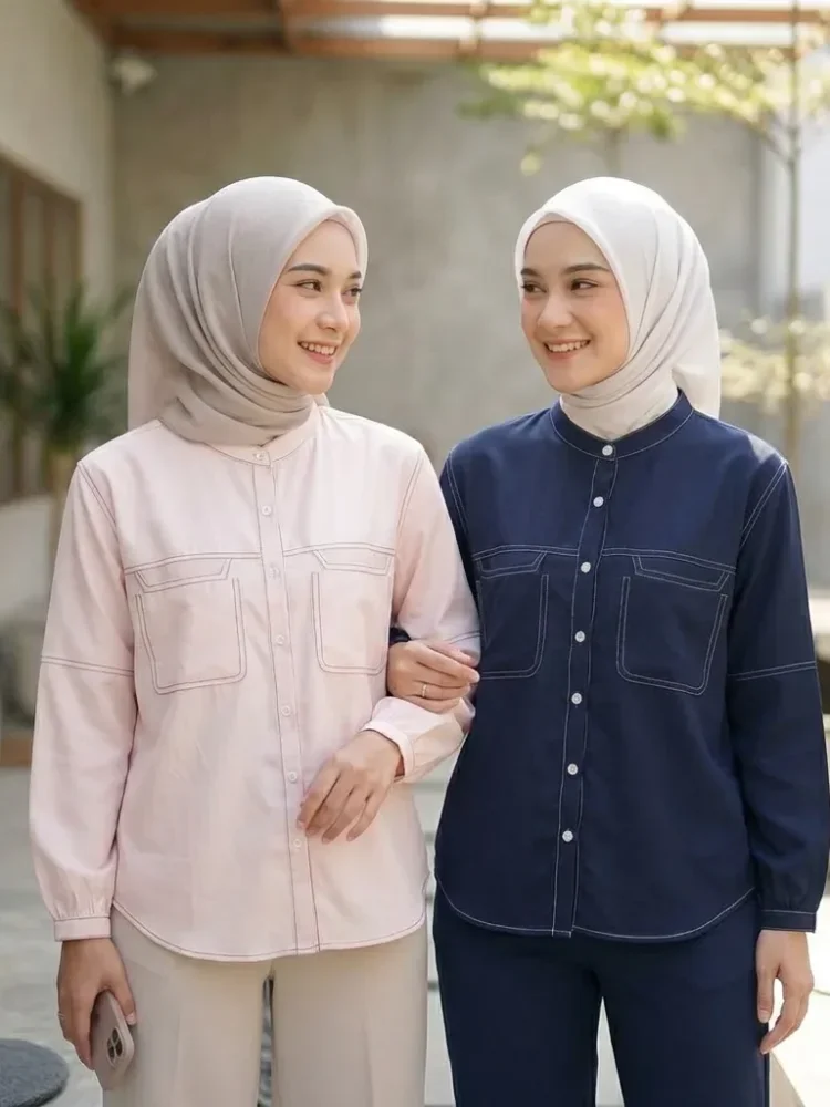 ASAYA Kemeja atasan lengan panjang kasual warna polos dengan kancing tunggal dan desain saku baru