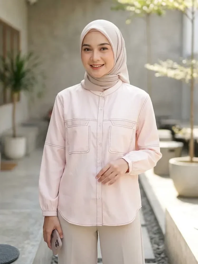 ASAYA Kemeja atasan lengan panjang kasual warna polos dengan kancing tunggal dan desain saku baru