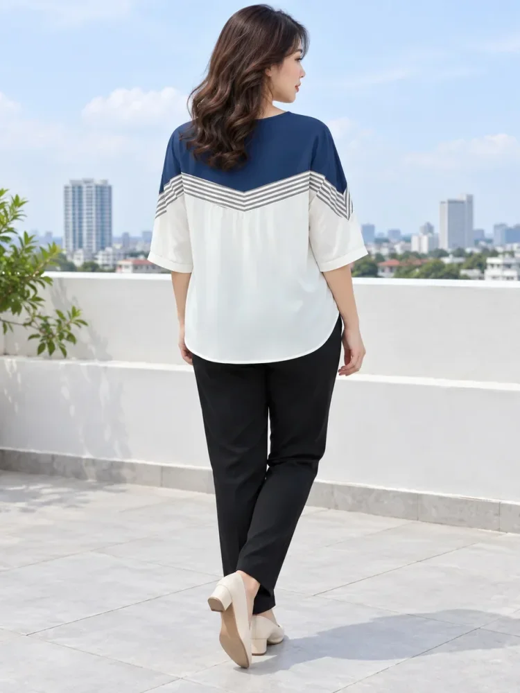 [DISKON KILAT]ASAYA Atasan blouse wanita oversize motif garis navy putih lengan pendek