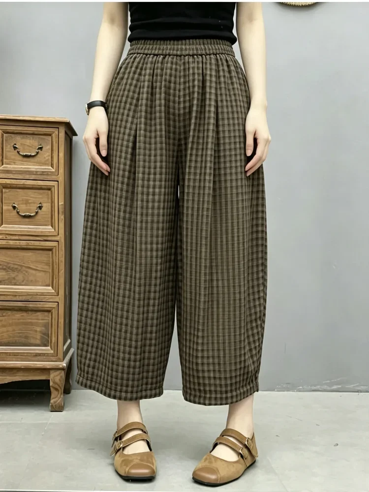 [READY STOCK]ASAYA Celana panjang wanita dengan motif kotak-kotak dan aksen pita manis