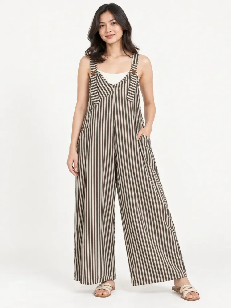 [DISKON KILAT]ASAYA Jumpsuit wanita motif garis vertikal model overall wide leg dengan kantong