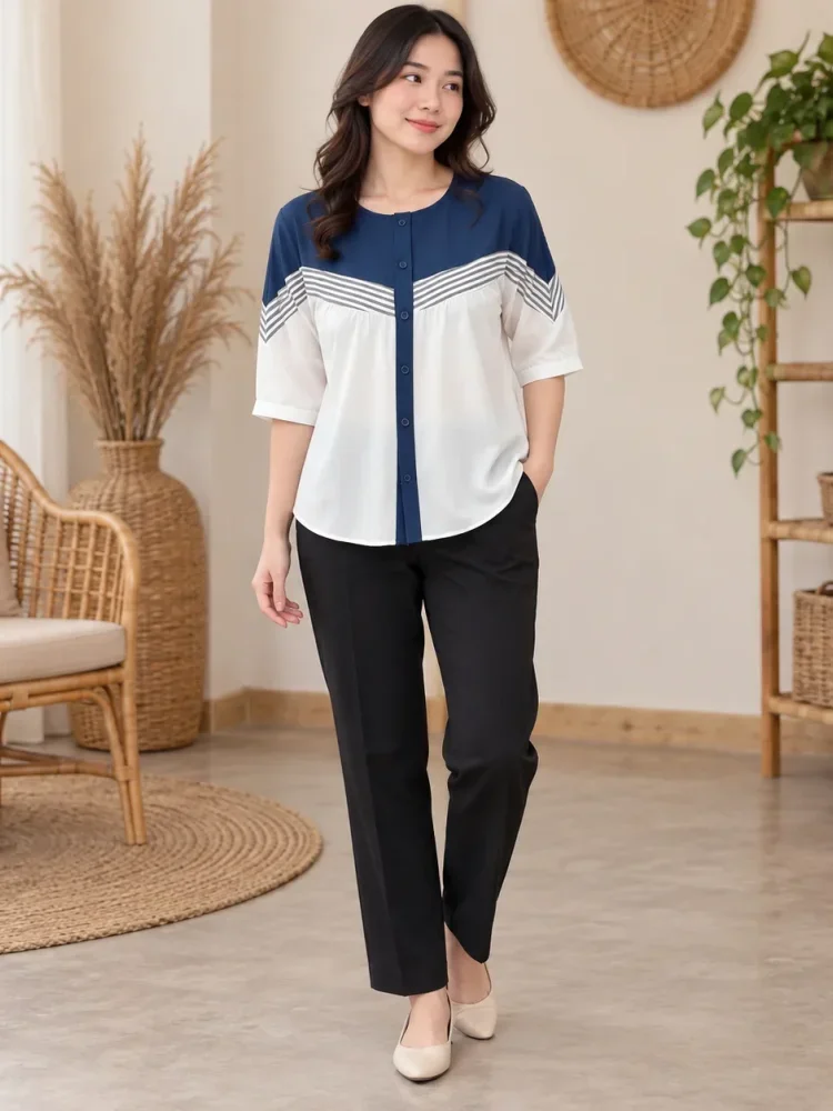 [DISKON KILAT]ASAYA Atasan blouse wanita oversize motif garis navy putih lengan pendek
