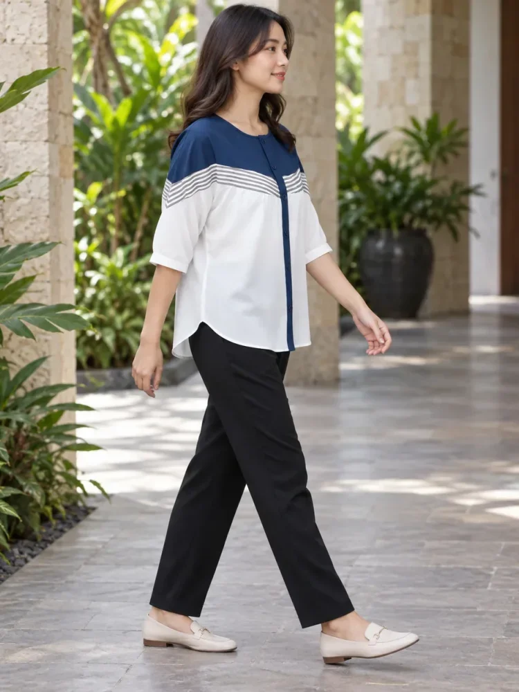 [DISKON KILAT]ASAYA Atasan blouse wanita oversize motif garis navy putih lengan pendek
