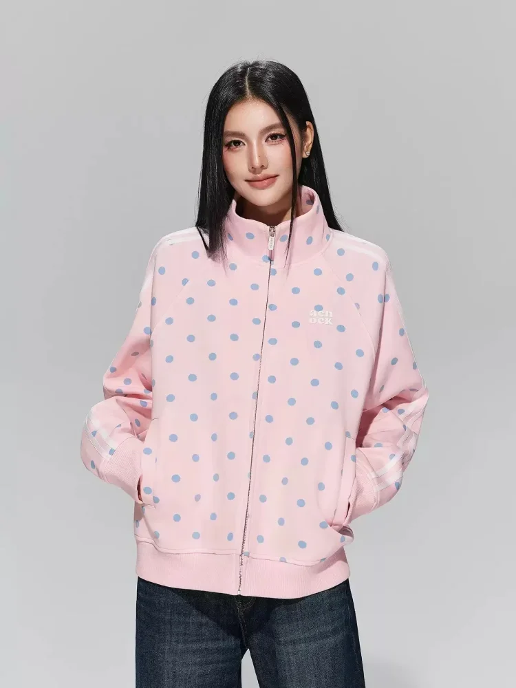 CHICMORE Atasan kerah tegak gaya retro dengan ritsleting motif polkadot dan garis ganda ala korea