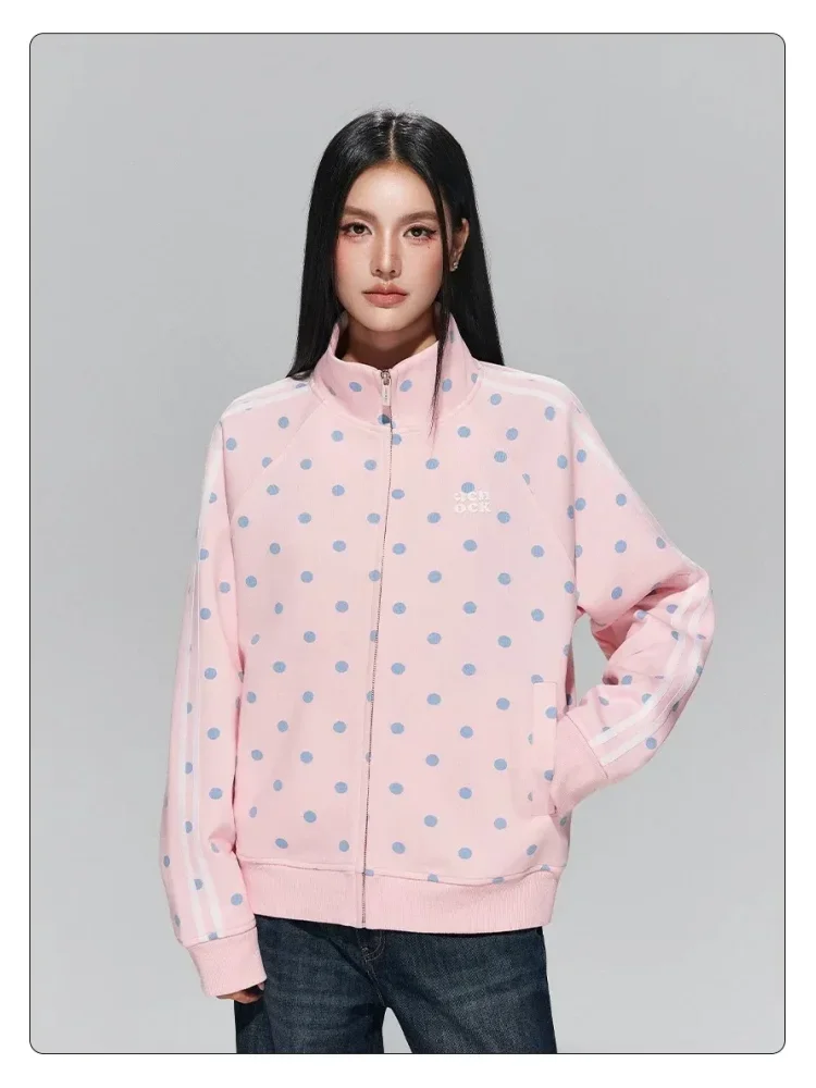 CHICMORE Atasan kerah tegak gaya retro dengan ritsleting motif polkadot dan garis ganda ala korea