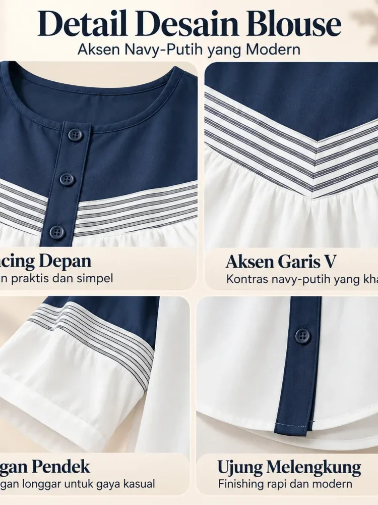 [DISKON KILAT]ASAYA Atasan blouse wanita oversize motif garis navy putih lengan pendek