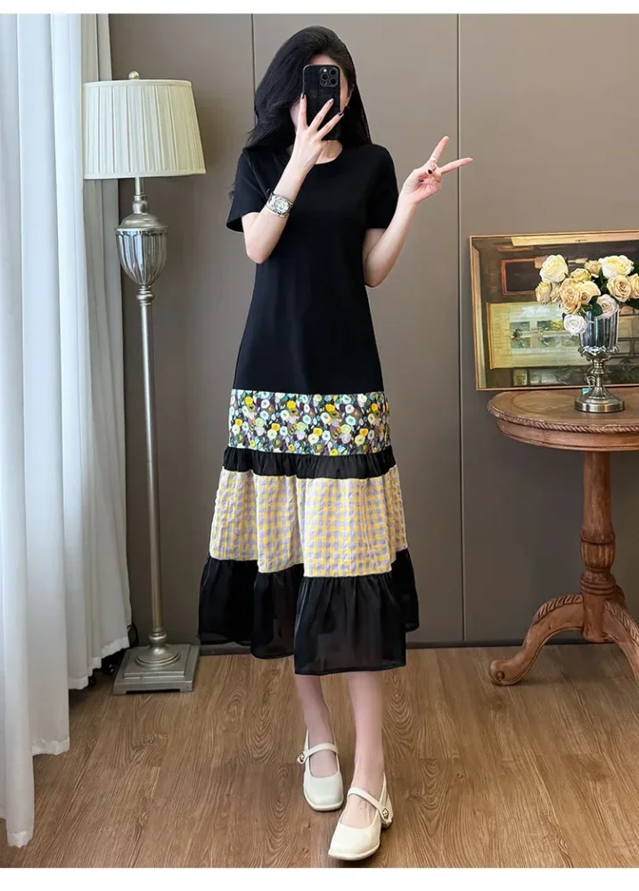 FADFAD Gaun midi patchwork motif bunga slim fit kasual wanita