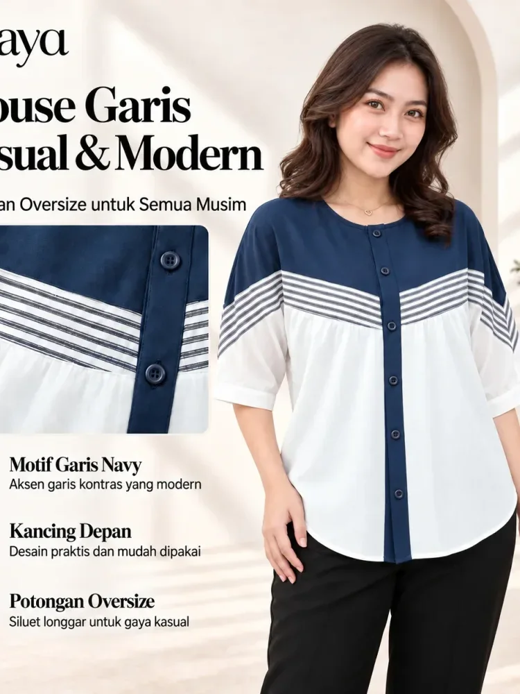 [DISKON KILAT]ASAYA Atasan blouse wanita oversize motif garis navy putih lengan pendek