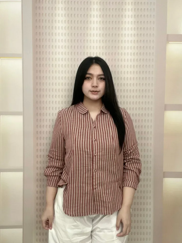 FADFAD Atasan kemeja retro mode baru pakaian wanita motif bergaris gaya kekinian