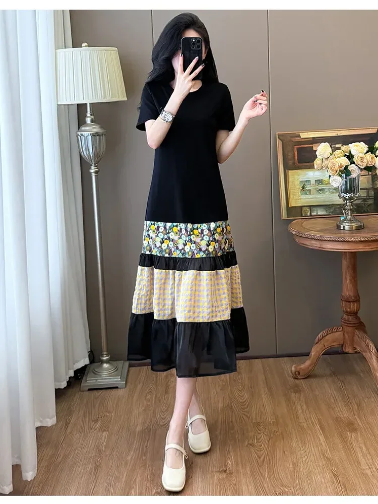 FADFAD Gaun midi patchwork motif bunga slim fit kasual wanita
