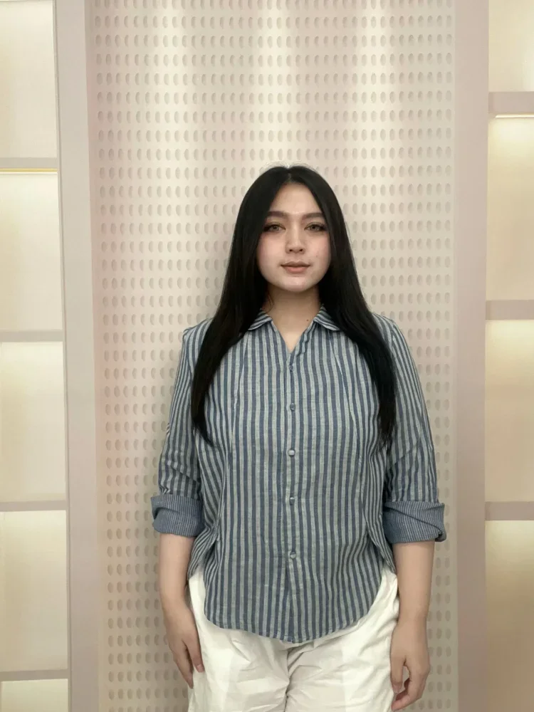 FADFAD Atasan kemeja retro mode baru pakaian wanita motif bergaris gaya kekinian