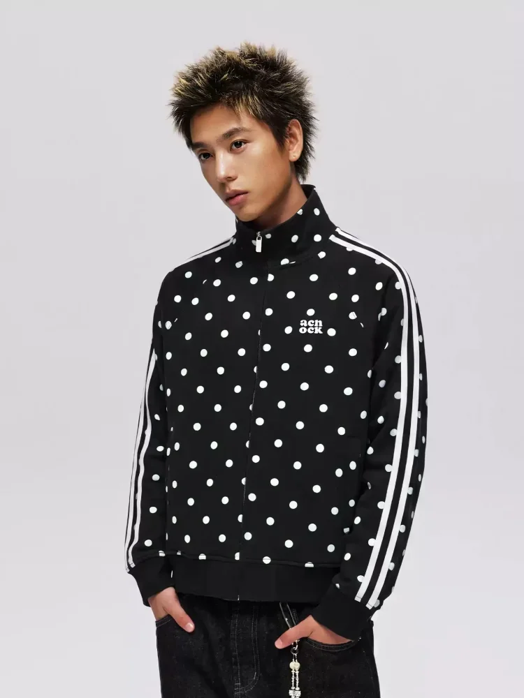 CHICMORE Atasan kerah tegak gaya retro dengan ritsleting motif polkadot dan garis ganda ala korea
