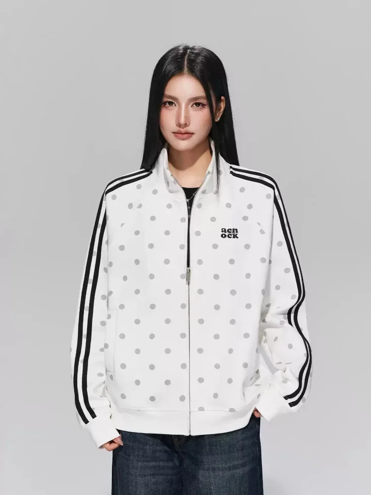 CHICMORE Atasan kerah tegak gaya retro dengan ritsleting motif polkadot dan garis ganda ala korea